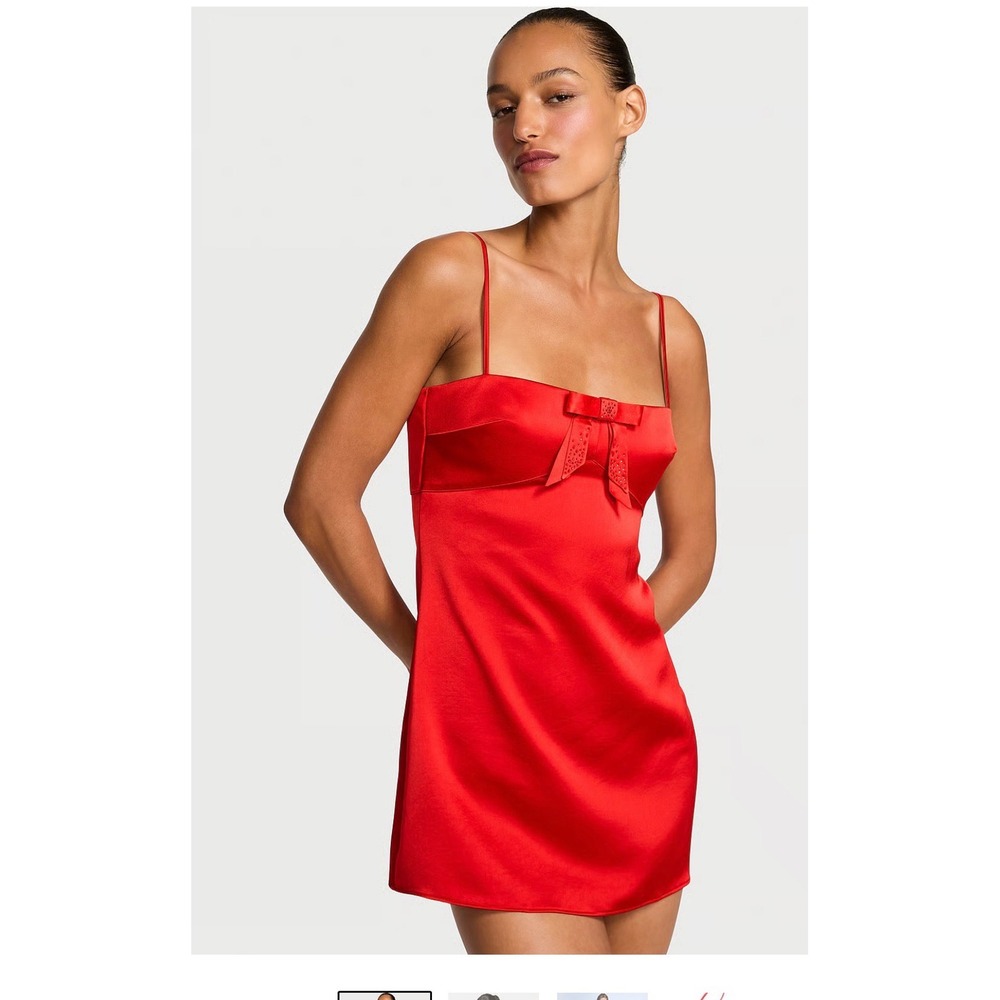 Victorias Secret Red Satin Bow Rhinestone Mini Slip Dress size‎ medium NWT